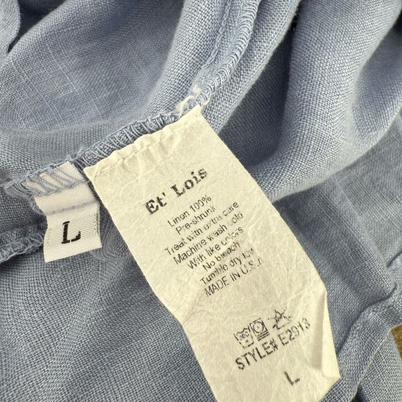 Et Lois Blue Ruffle Asymmetrical Hem Women's 100% Linen Top Size Large - Picture 4 of 4